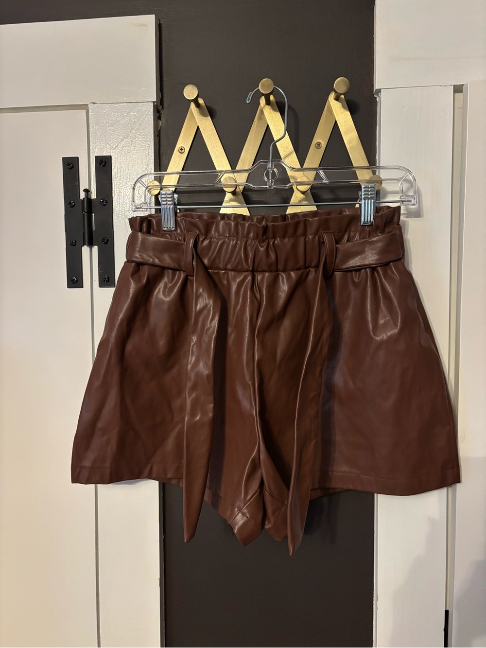 High-Rise Brown Faux Leather Paperbag Shorts with Waist Tie